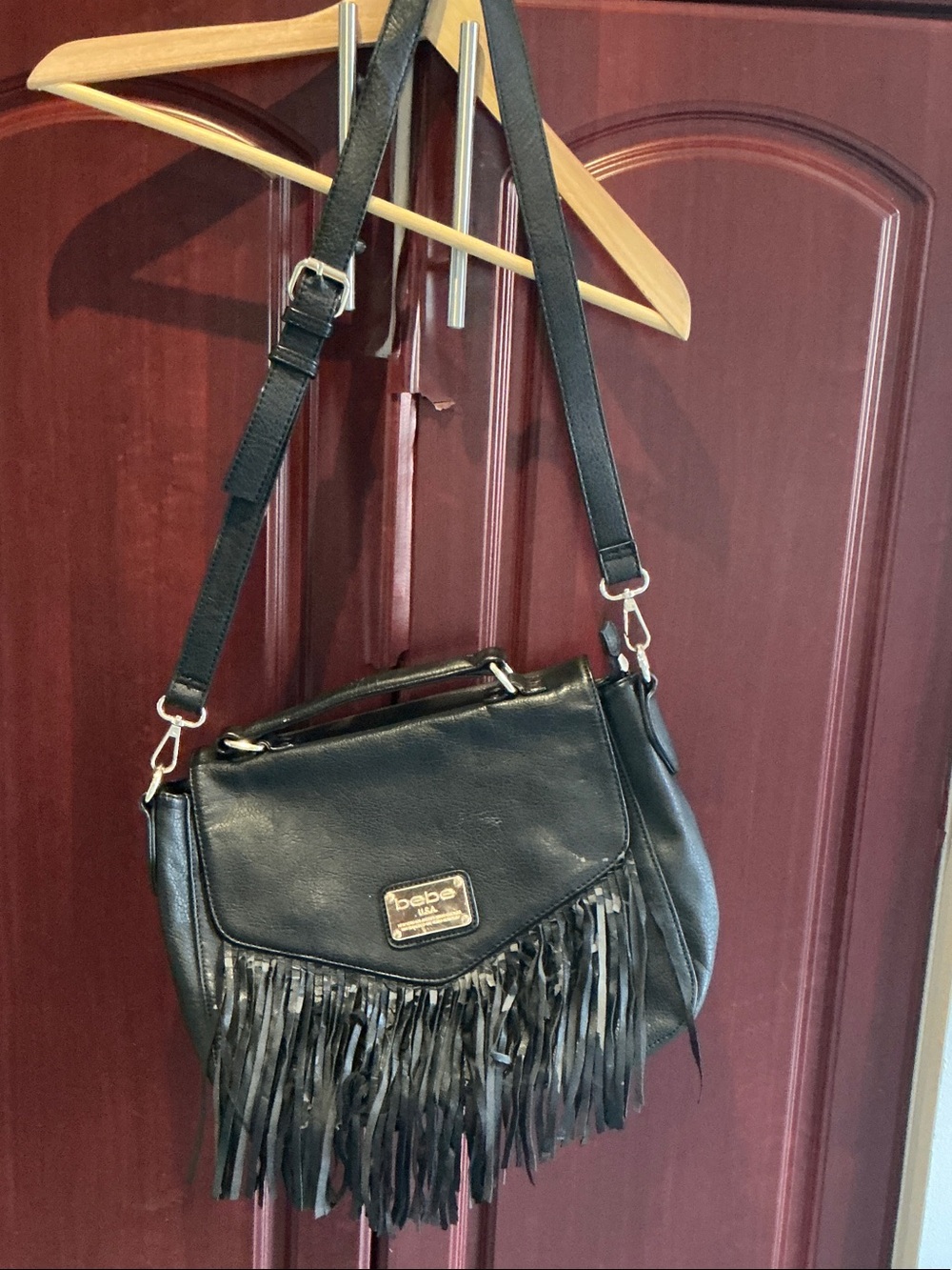 bebe Black Fringe Crossbody Satchel with Adjustable Strap